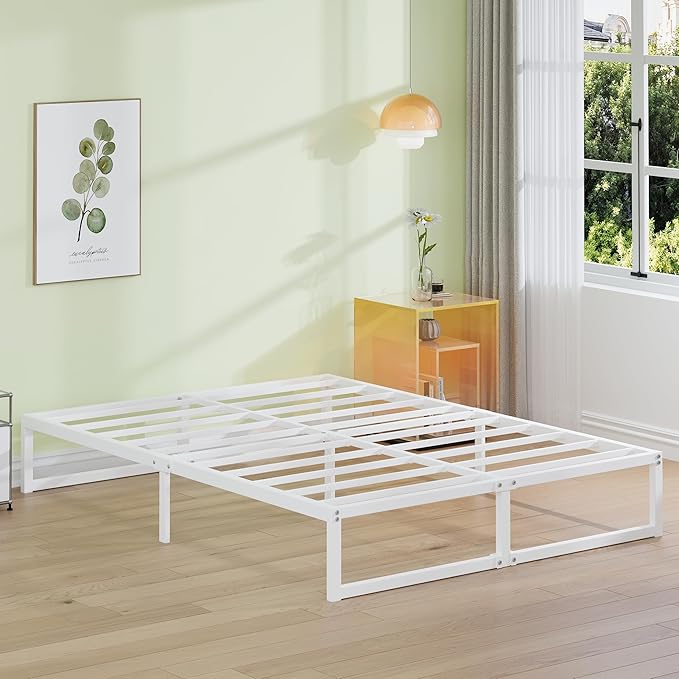 EMODA 12 Inch White Queen Bed Frame, Metal Queen Platform Bed Frame No Box Spring Needed, Heavy Duty Steel Slats Support, Easy Assembly, Noise Free