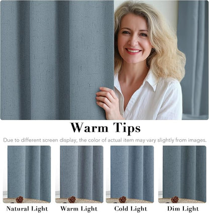 H.VERSAILTEX Linen Blackout Curtains 96 Inches Long 100% Blackout Thermal Insulated Textured Linen Look Curtain Draperies Anti-Rust Grommet, Energy Saving with White Liner, 2 Panels, Stone Blue
