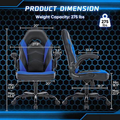 OLIXIS Computer Gaming Chair - PU Leather Ergonomic Lumbar Support with Flip-up Armrest and 360° Swivel Wheels, Height Adjustable Task Home Office Desk Video Racing, Blue