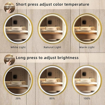 Hasipu 32 Round LED Mirror for Bathroom with Lights, Gold Circle Vanity Mirror for Wall, Metal Framed Frontlit Bathroom Mirrors Anti-Fog, Dimmable, 3 Colors Makeup Mirror Wall Mounted