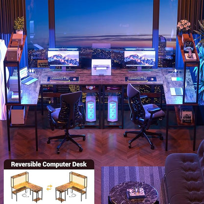 Unikito L Shaped Gaming Desk with LED Strip and Power Outlets, Reversible L-Shaped Computer Desk with Storage Shelves, Corner Desk with Hutch, 2 Person Home Office Desk, Rustic Brown