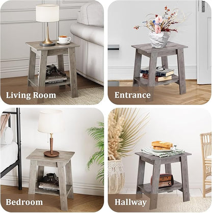 End Table, Set of 2, Side Table with 2-Tier Storage Shelf, Sofa Table for Small Space, Square Nightstand for Entryway, Farmhouse, Living Room, Easy Assembly, Grey