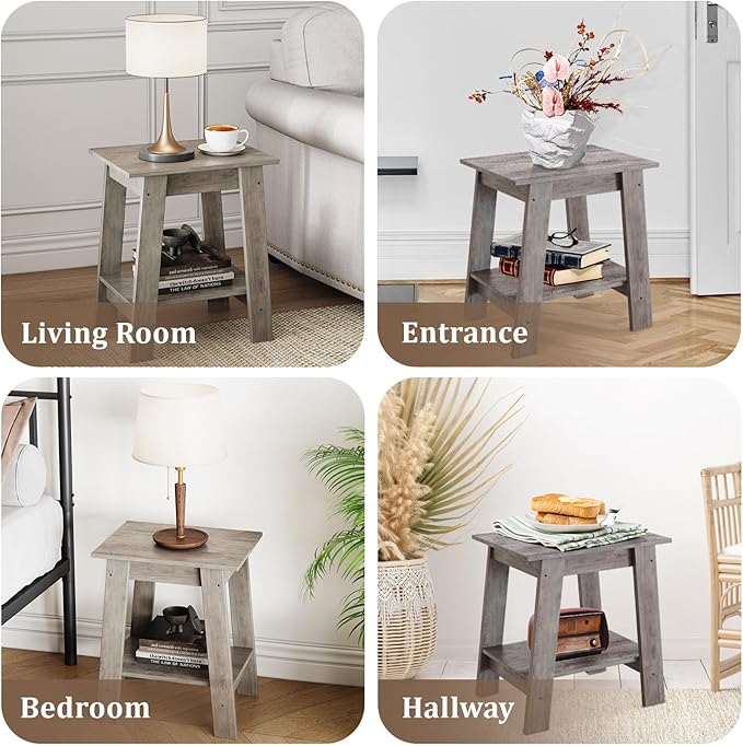 End Table, Side Table with 2-Tier Storage Shelf, Sofa Table for Small Space, Square Nightstand for Entryway, Farmhouse, Living Room, Easy Assembly, Grey