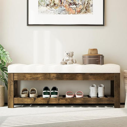 Large Upholstered Ottoman Bench Entryway Storage Benches Tufted Linen Ottoman Bench with Solid Wood Shelf Padded End of Bed Bench for Bedroom Living Room Hallway Decor