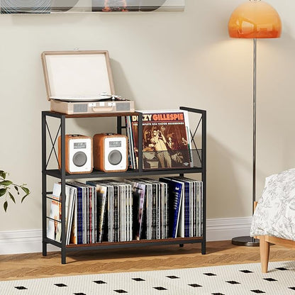 Snughome Large Vinyl Record Player Stand, Holds Up to 300 Albums, Wooden Record Display Table with 3 Adjustable Divider for Turntable Stand, Large Record Player Table Vinyl Album Storage