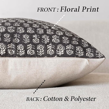 Foindtower Set of 2 Decorative Neutral Floral Print Throw Pillow Covers Vintage Accent Farmhouse Cushion Covers Boho Home Decor for Sofa Couch Chair Bedroom Living Room Outdoor,18×18 Inch,Black