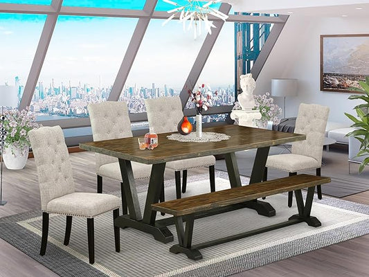 East West Furniture V677EL635-6 6 Piece Dining Table Set Contains a Rectangle Kitchen Table with V-Legs and 4 Doeskin Linen Fabric Upholstered Chairs with a Bench, 40x72 Inch, Multi-Color