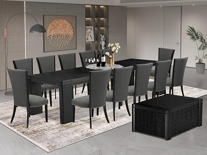 X12VE-0C6-50 - 14-Pc Dining Room Set a Rectangular Dining Table with a coffee Table and 12 Dark Gotham Grey Linen Fabric kitchen Chair, 39x120 Inch, Wire Brushed Black