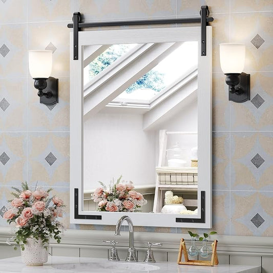 Farmhouse Bathroom Mirror 24x32 Inch, White Wood Framed Decorativeative Rustic Mirror, Rectangle Wall Decorative Mirrors for Entryway, Courtyard, Bedroom