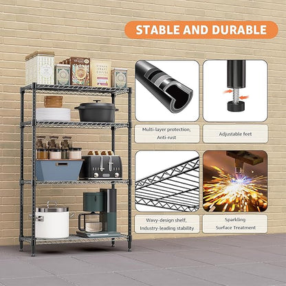 1400 lbs 4 Tier Storage Rack Metal Wire Shelving Unit, Storage Standing Household Shelf Organizer for Kitchen Pantry Closet Garage Basement Utility Room, Black 15.8" D x 45.3" W x 59.4" H