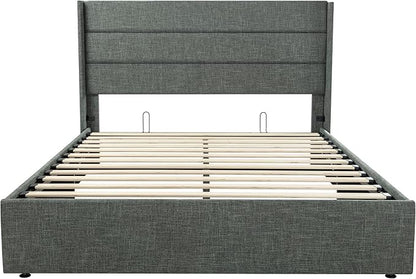 SHA CERLIN Queen Size Lift Up Storage Bed/Modern Wingback Headboard/Upholstered Platform Bed Frame/Hydraulic Storage/No Box Spring Needed/Wood Slats Support/Dark Grey