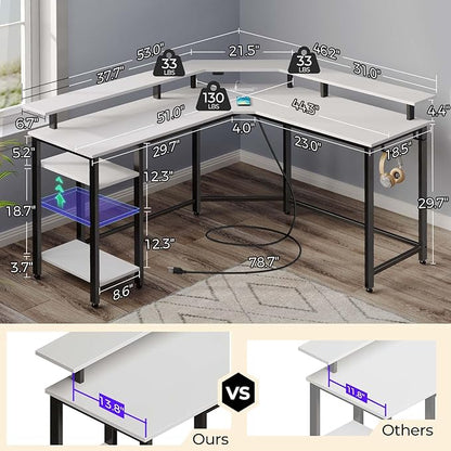Rolanstar L Shaped Gaming Desk with LED Lights & Power Outlets, 46.2" Computer Desk with Full Monitor Stand & Storage Shelf, Corner Desk with Hooks, White Desk Reversible