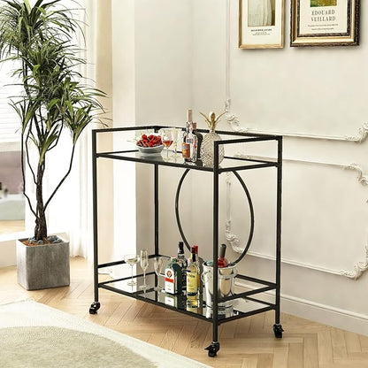 RiteSune Black Bar Cart with Wheels, Vintage Serving Cart Wine Cart with 2 Mirror Shelves, Alcohol Cart Liquor Bar Carts for Home Bar