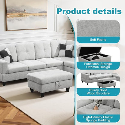 Couches for Living Room Modern L Shaped Couch Comfy Flannel Fabric 3 Pieces Sectional Sofa with Chaise, Ottoman with Storage for Office and Small Apartment, Light Grey