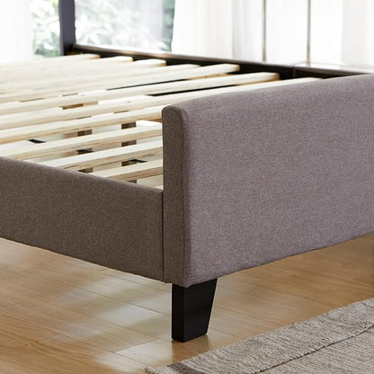 Livinia Amelia Queen Size Platform Bed, Fabric Upholstered Queen Bed Frame with Height Adjustable Headboard Footboard, Strong Wood Slats, No Box Spring Needed, Brown