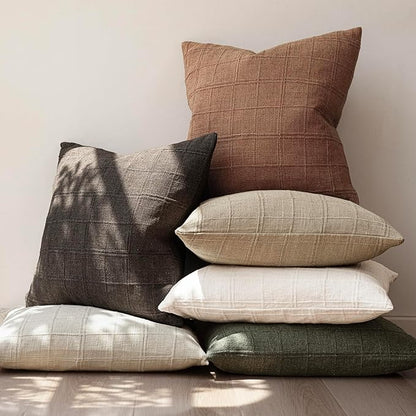 Foindtower Set of 2 Decorative Linen Check Throw Pillow Covers Neutral Farmhouse Vintage Cushion Covers Modern Boho Home Decor for Sofa Chair Couch Bedroom Living Room Outdoor,20×20 Inch,Dark Brown