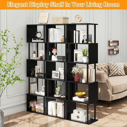 IBUYKE 6-Tier Tall Bookshelf,S-Shaped Geometric Bookcase, Wood Display Shelves with Storage,Modern Bookshelf for Living Room Bedroom, Home Office, Black WBC016B