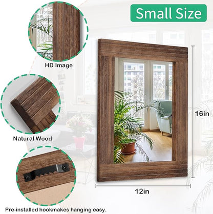 Wood Mirror Rectangular Framed Rustic Vintage Mirrors Decor Farmhouse Bedroom Bathroom Mirror for Dressing Table Entrance Small 16"x12" Brown