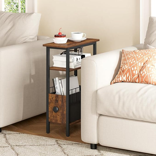 Snughome Narrow Side Table for Small Spaces, Slim End Table 3 Tier, Skinny Nightstand with Drawer, Sofa Beside Table with Storage Shelf for Living Room Bedroom