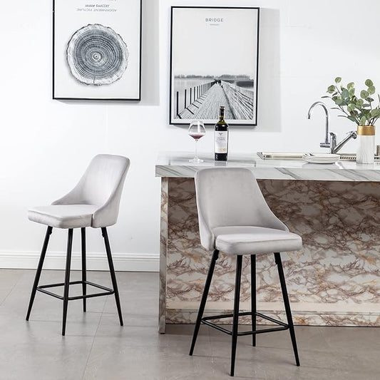 BTEXPERT® Set of 2, Premium upholstered Dining 25" High Counter Back Stool Bar Chairs, barstools Pack Gray Velvet