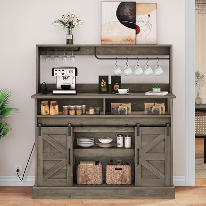 YITAHOME Buffet Cabinets with Storage, 47" Coffee Bar with Goblet Holder & Power Outlet, Farmhouse Sideboard Cabinets with Sliding Barn Doors for Kitchen, Living Room (Rustic Grey Oak)