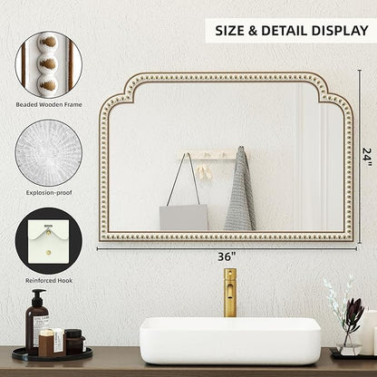 36''x24'' Farmhouse Wood Decorative Wall Mirrors with Beads, Boho Large Wide Arch Mirror for Living Room, Bedroom, Entryway, Fireplace