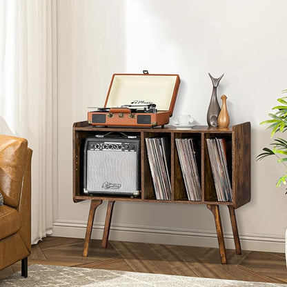 Lerliuo Record Player Stand with 4 Cabinet Holds Up to 220 Albums, Large Turntable Stand with Beech Wood Legs, Mid-Century Record Player Table,Retro Brown Vinyl Holder Storage for Bedroom Living Room