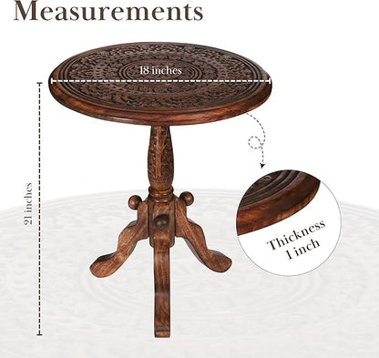 The Wooden Town Handcrafted Carved Round Side Table – 18x21 Inch Coffee Table for Living Room | Solid Wood Accent End Table with Pedestal Base | Altar Table for Home Décor