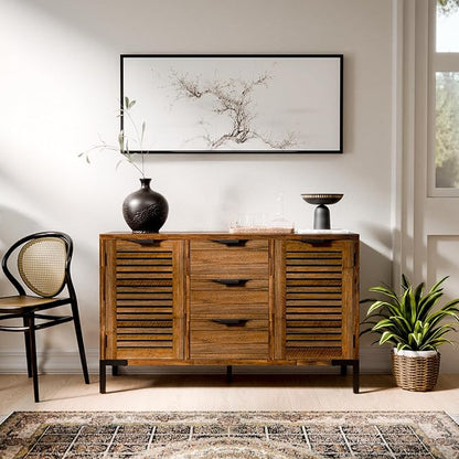 Bme Millie Premium Solid Wood Sideboard Storage Cabinet with Storage, Pre-Assembled with 3 Drawers & 2 Doors, Adjustable Shelves