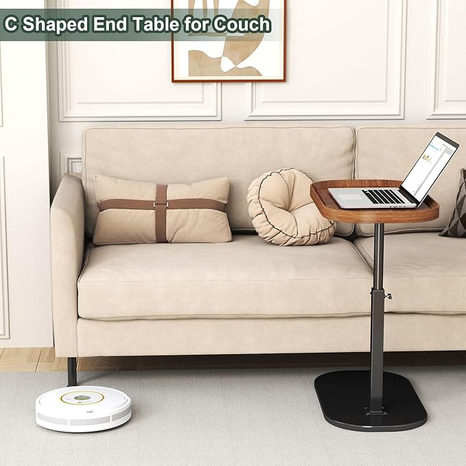 Adjustable Height C Shaped End Table with Wheels,360°Swivel Side Table, Top Tilting Laptop Stand TV Table for Sofa/Bed, Couch Tables that Slide under,Small Coffee Table for Living Room (walnut A)