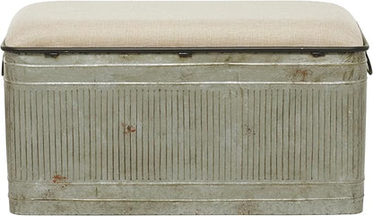 Deco 79 Metal Room Storage Bench Galvanized Entryway Bench with Cream Burlap Top and Black Latches, Bench 38" x 16" x 19", Gray