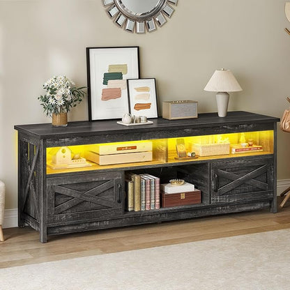 YITAHOME Farmhouse TV Stand for 65/75 Inch TV LED Entertainment Center Television Stand with Power Outlets and Open Shelf, Media Console TV Cabinet for Living Room, Dark Grey