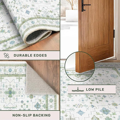 Boho Bathroom Runner 2x7 - Cream Green Oushak Floral Turkish, Washable Low Pile Non Slip Stain Resistant Small Accent Rug for Kitchen, Hallway