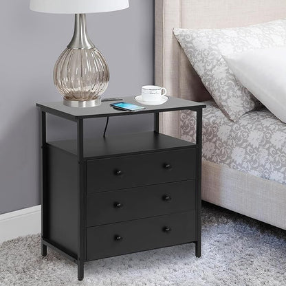 3 Wooden Drawers Nightstand, 27 Inch Wide Night Stand Set 2 with Charging Station and Adjustable Drawers, Bedside Table for Living Room/Bedroom/Office, Black.