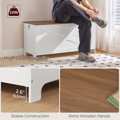 39.4" Toy Chest, Sturdy Entryway Storage Chest with Safety Hinges, Retro Toy Box, Wooden Look Accent Furniture for Living Room, Bedroom, White+Walnut SCBZ48101