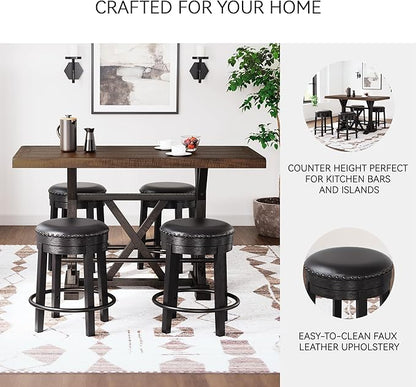 Signature Design by Ashley Valebeck Casual Round Faux Leather Upholstered Backless Counter Height Bar Stool with Footrest and Nailhead Trim, Black