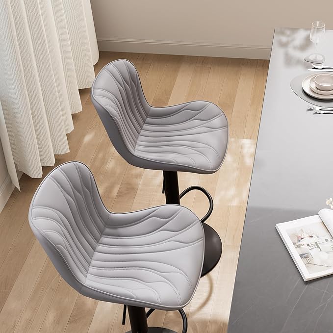 YOUNIKE 3 Grey Bar Stools Modern Swivel Counter Height Bar Chair with Back Adjustable Kitchen Island Faux Leather Padded Barstools taburetes de bar Breakfast sillas para barra de cocina 3PCS