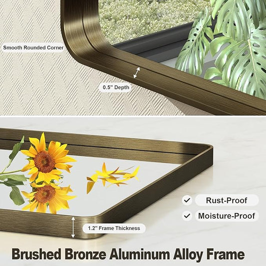 55x36 Bronze Framed Bathroom Mirror, Rectangle Brushed Bronze Metal Vanity Mirror, Large Modern Mirror for Wall, Rounded Corner, Tempered Glass, Anti-Rust, Shatterproof (Horizontal/Vertical)