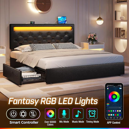 Rolanstar Queen Bed Frame with 4 Storage Drawers and Charging Station, Queen Bed with Led Lights, 2 USB & 1 Type C, Adjustable Headboard 38.9/40.8 Inches, No Box Spring Needed, Black