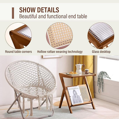 Tiita 2 Pack Rattan Side Table, Mid Century Nightstand, Bamboo Accent Bedside Tables, Glass Coffee Tables, Boho Wooden End Table with Storage for Small Space, Living Room and Bedroom
