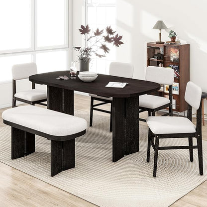 Merax Farmhouse Wooden Dining Set of 6, 65 Inch Rectangular Kitchen Table, Upholstered 4 Chairs with Backrest, Bench with Cushion, Easy Assemble, Espresso
