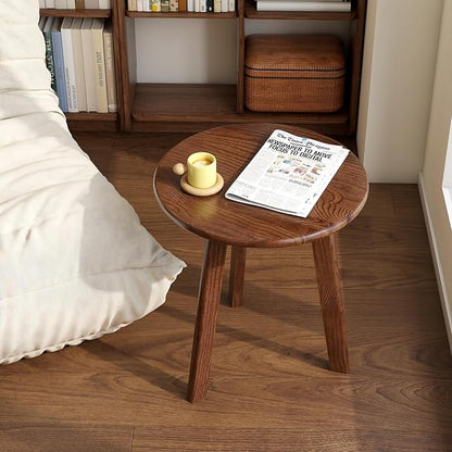 100% Solid Oak Round Side Table, Small Bedside Table for Small Spaces, Living Room End Table with Stable Frame, Modern Nightstand for Bedroom Couch, (Walnut, 17.71" D x 19.68" H)