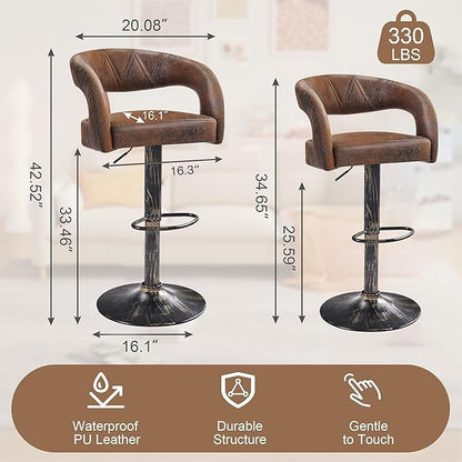 VECELO Bar Stools Set of 2 Adjustable Swivel Modern Pu Leather Barstools, Counter Bar Stools with Back and Arms, for Kitchen, Bar (Dark Brown)