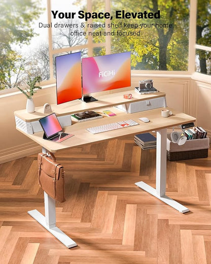 48x24 Inch Standing Desk with Double Drawers, C-Clamp Mount Compatible, Electric Adjustable Height Computer Stand Up Desks, Home Office Sit Stand Table with 3 Preset Heights & 2 Hooks, Natural