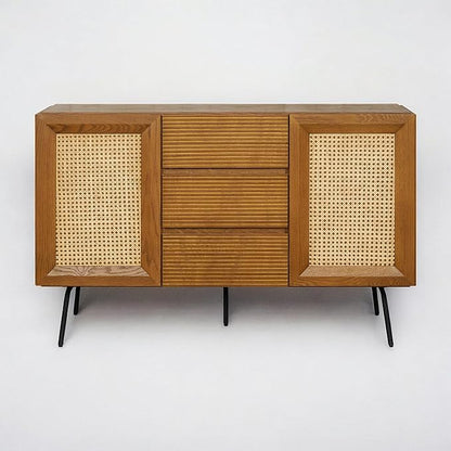 NTC MOSSIC Sideboard with 2 Doors and 3 Drawers, Buffet Cabinet with Natural Rattan and Metal Legs, Modern Storage Cabinet for Living Room, and Hallway, Effortless Assembly - Rustic Oak