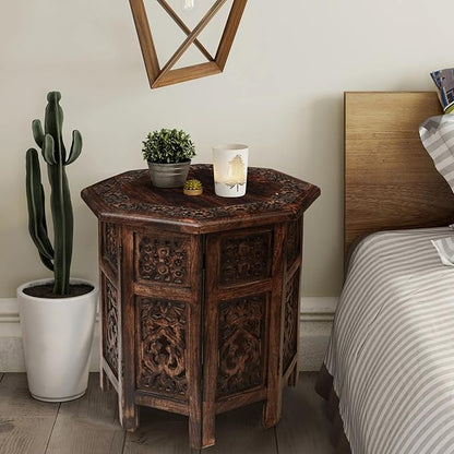 The Wooden Town End Tables for Living Room– Hand Carved Vintage Boho Folding Side Tables for Small Spaces, Entryway, Living Room, Bedroom – No Tools Assembly, 18"x18" Octagon, Scorch Burnt Finish