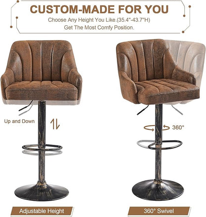 VECELO Bar Stools Set of 4, Adjustable Barstools, Counter Height Stools with Back and Arm, Kitchen Island Stools, Swivel PU Chairs for Pub, Dining Room, Industrial Style, Dark Brown