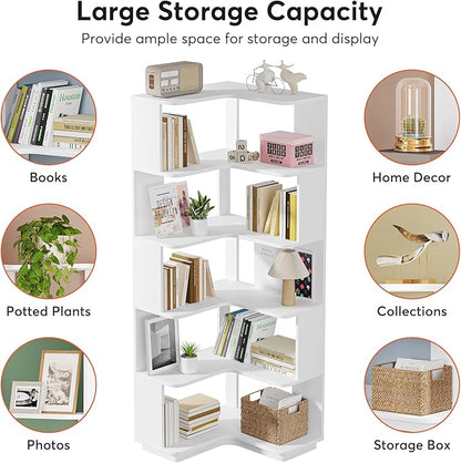 LITTLE TREE Corner Bookshelf, 64.9 Inch Tall Bookcase with Anti-Drop Panel, Modern Freestanding Corner Shelf Display Rack Storage Organizer for Home Office, Living Room, White