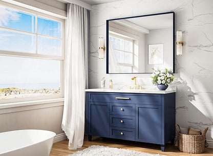 Keonjinn 42 x 36 Inch Blue Framed Mirror Bathroom Vanity Mirror for Wall Metal Frame Rectangle Navy Blue Bathroom Mirror Large Square Corner Modern Farmhouse Mirror for Over Sink(Horizontal/Vertical)