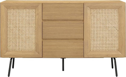 NTC MOSSIC Sideboard with 2 Doors and 3 Drawers, Buffet Cabinet with Natural Rattan and Metal Legs, Modern Storage Cabinet for Living Room, and Hallway, Effortless Assembly, Sand